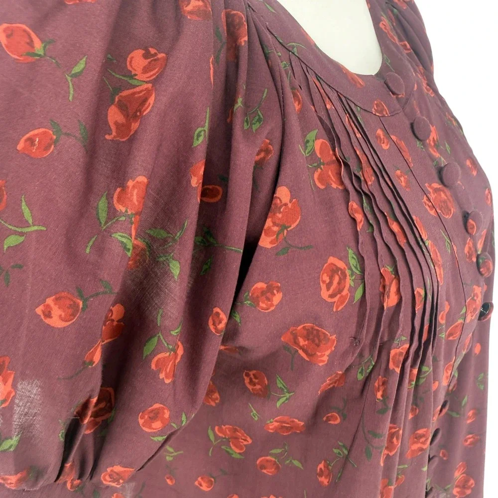 Reformation Calia Burgundy Rose Floral Top Size Small Pintuck Puff Sleeve Button